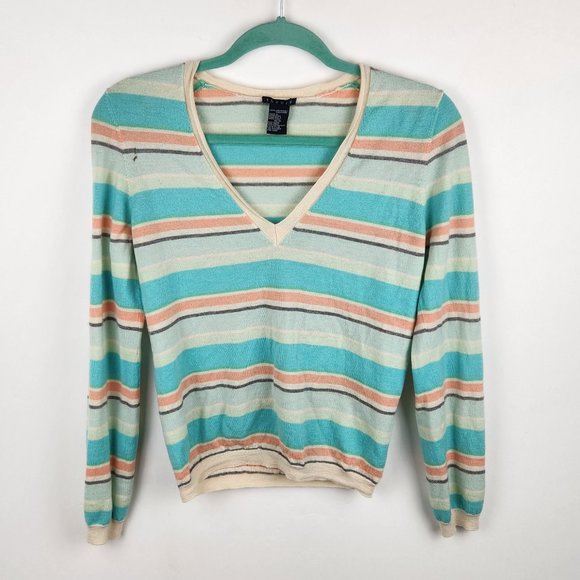 Theory 100% Cashmere Colorful Striped V-Neck Sweater sz M Flawed - Picture 1 of 8